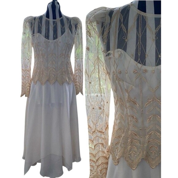 Cachet Dresses & Skirts - Vtg Cachet By Bari Protas Champagne Ivory Lace Maxi Dress 5 6 Victorian Wedding